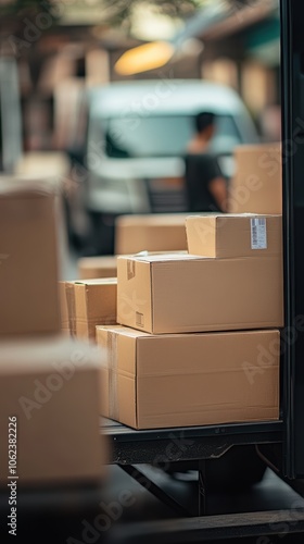 Delivery boxes stacked in a truck, creating a busy urban atmosphere.