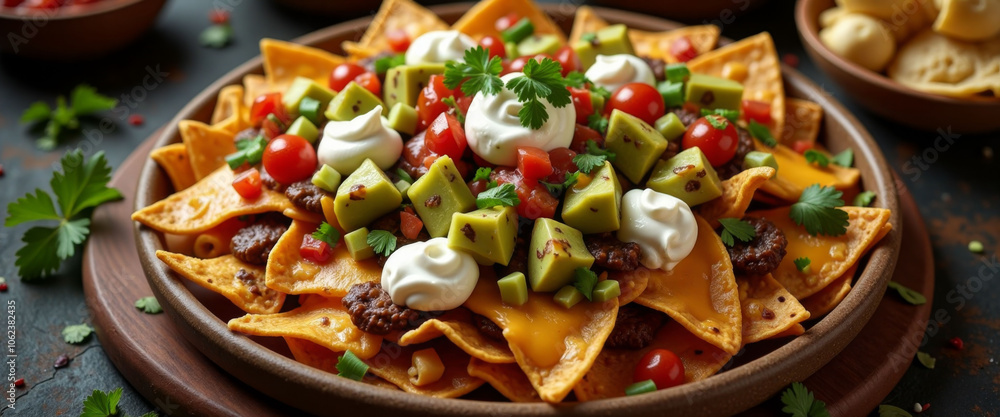 A plate of nachos with a variety of toppings including cheese, sour cream, and guacamole A plate of nachos with a variety of toppings including cheese, sour cream, and guacamole