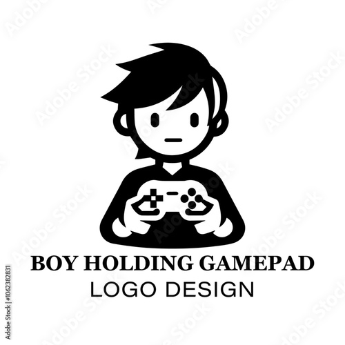 "Illustration of a boy holding gamepad, perfect logo design for gaming businesses, e-sports branding, and video game developers showcasing fun and youth"