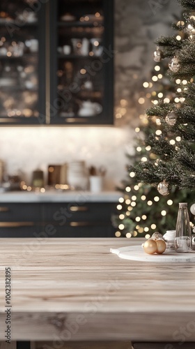 Cozy kitchen corner with wooden table in foreground, decorated Christmas tree and twinkling lights creating a warm, festive atmosphere. Blurred background adds depth.