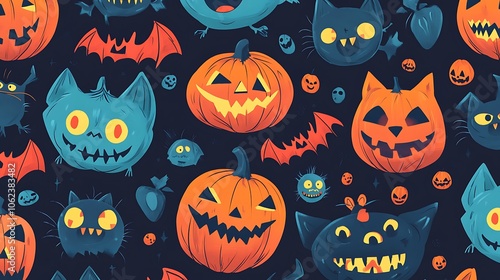 Halloween playful monster patterns with cheerful faces