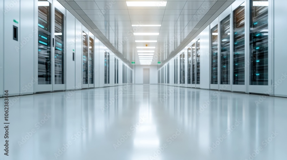 A modern server room with cutting-edge technology, white glossy floors, illuminated server racks, and bright overhead lighting symbolizing innovation and power. A modern server room with cutting-edge technology, white glossy floors, illuminated server racks, and bright overhead lighting symbolizing innovation and power.