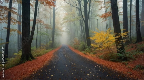 forest path in autumn forest with fog