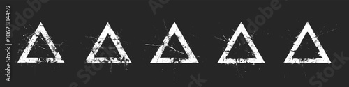 Abstract Hand Drawn Grunge Style Stencil Paint White Triangles Vector Clip Art Isolate on Black Background. Handdrawn Artistic Grungy Graphic Triangle Signs with Scratches and Drips Clipart Collection