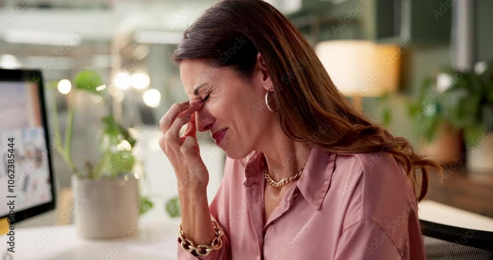 Tired woman, headache and stress with computer for anxiety, depression or strain at office. Frustrated, female person or employee with migraine, pressure or overworked for burnout, fatigue or mistake Tired woman, headache and stress with computer for anxiety, depression or strain at office. Frustrated, female person or employee with migraine, pressure or overworked for burnout, fatigue or mistake