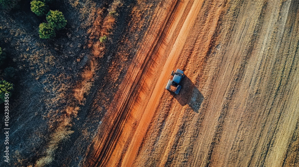 Aerial View of Agricultural Landscape with Vehicle Aerial View of Agricultural Landscape with Vehicle