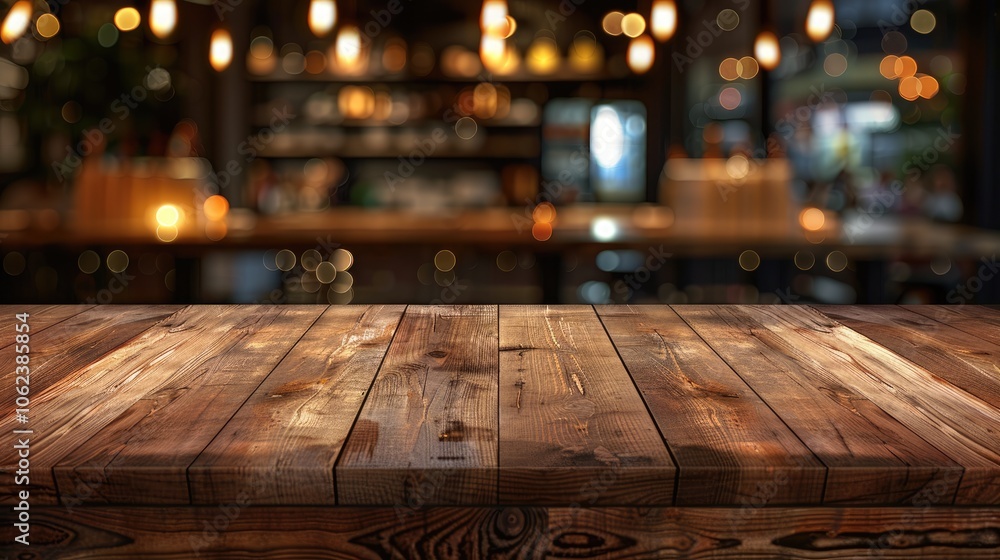 Empty wooden table in lively restaurant setting for food displays in chic night ambiance. Empty wooden table in lively restaurant setting for food displays in chic night ambiance.