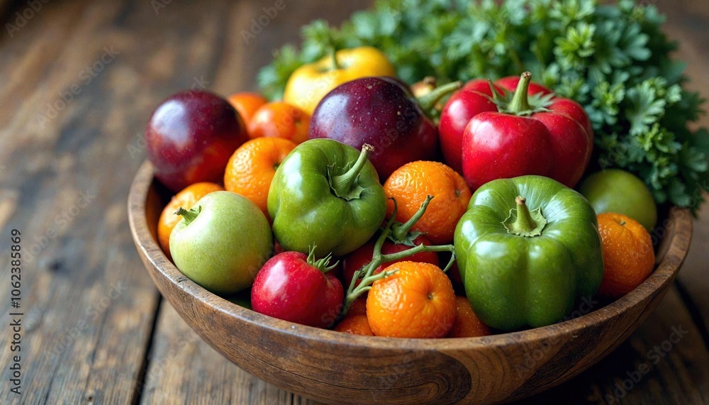 Colorful Fruits and Vegetables on Rustic Table Colorful Fruits and Vegetables on Rustic Table