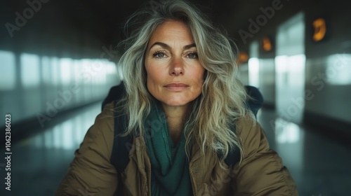 This striking portrait features a mature woman standing confidently in a hallway. Her poised demeanor exudes a sense of wisdom, experience, and grace.