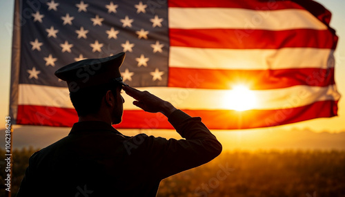 Silhouette of a soldier saluting in front of an American flag, with the soft light of the sunrise illuminating the scene.