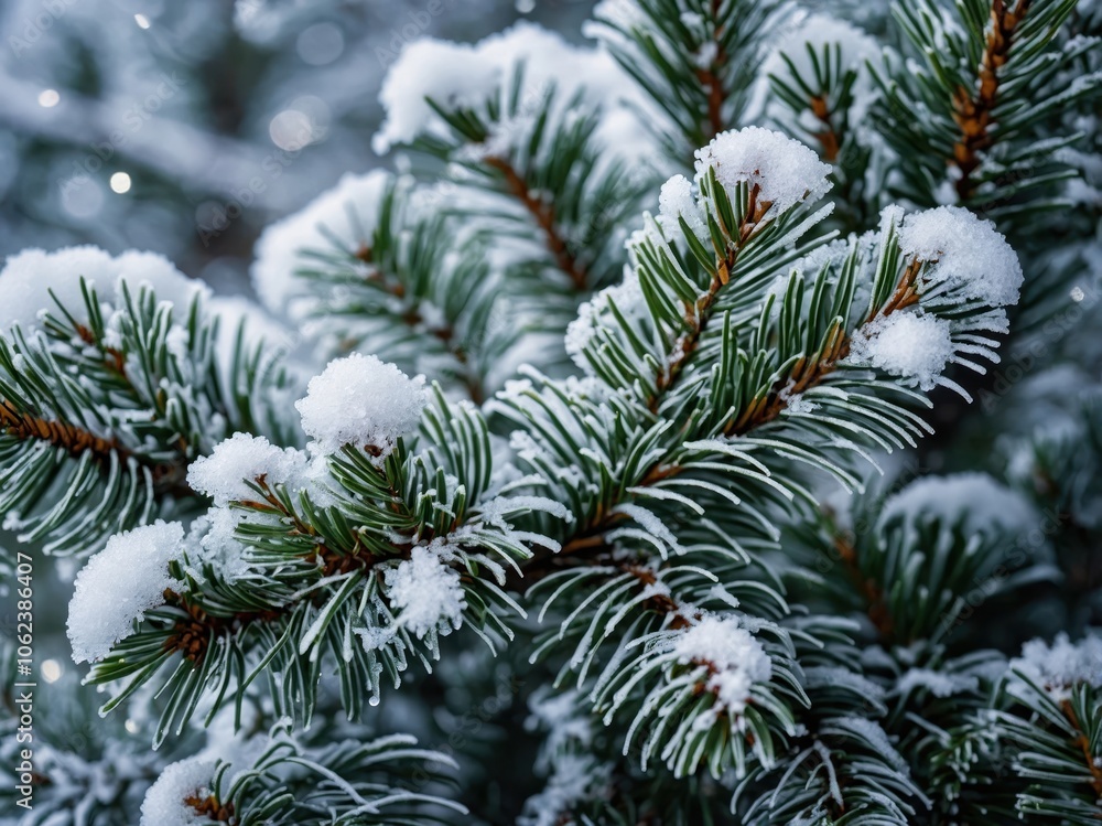 A close-up of frosty pine branches covered in snow, highlighting the delicate frost and icy details that create a winter wonderland atmosphere. A close-up of frosty pine branches covered in snow, highlighting the delicate frost and icy details that create a winter wonderland atmosphere.