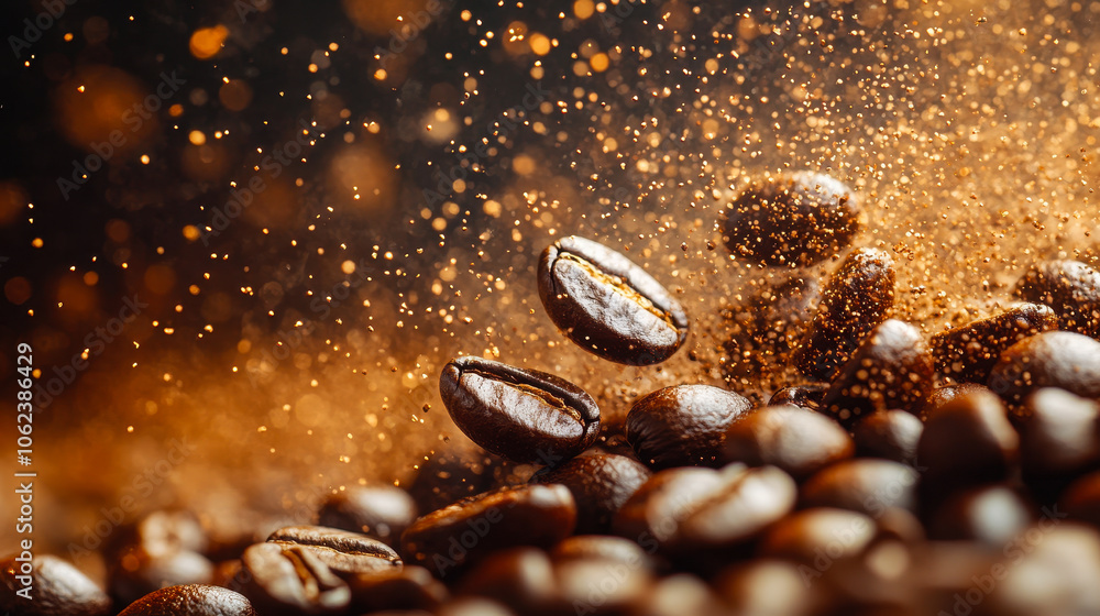 Dynamic Coffee Beans Explosion in Golden Dust with Copy Space, Close-Up Shot, Concept for Coffee Harvest, Freshness, and Aromatic Experience, Ideal for Gastronomy, Cafes, and Beverage Advertising Dynamic Coffee Beans Explosion in Golden Dust with Copy Space, Close-Up Shot, Concept for Coffee Harvest, Freshness, and Aromatic Experience, Ideal for Gastronomy, Cafes, and Beverage Advertising