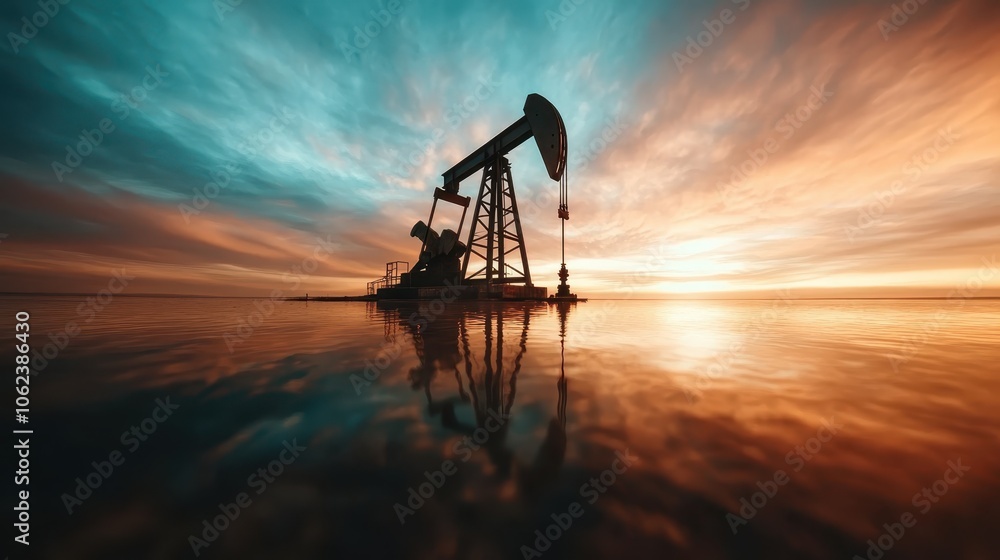 An oil rig's formidable structure stands resiliently against a vivid sunset backdrop, reflecting vibrant colors across the calm ocean waters surrounding it. An oil rig's formidable structure stands resiliently against a vivid sunset backdrop, reflecting vibrant colors across the calm ocean waters surrounding it.