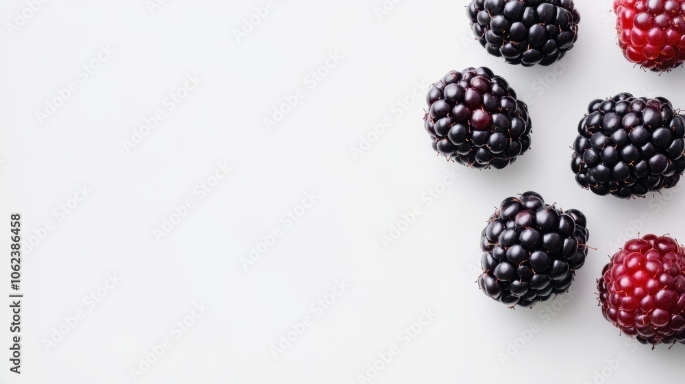 Blackberries and one raspberry arranged on a white background Blackberries and one raspberry arranged on a white background