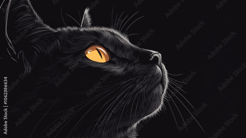Detailed, close-up illustration of a black cat's face with striking yellow eyes, looking upwards against a dark background Detailed, close-up illustration of a black cat's face with striking yellow eyes, looking upwards against a dark background