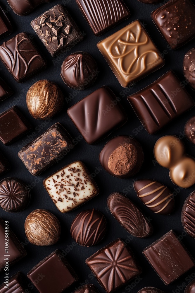 Assorted gourmet chocolate collection on dark background Assorted gourmet chocolate collection on dark background