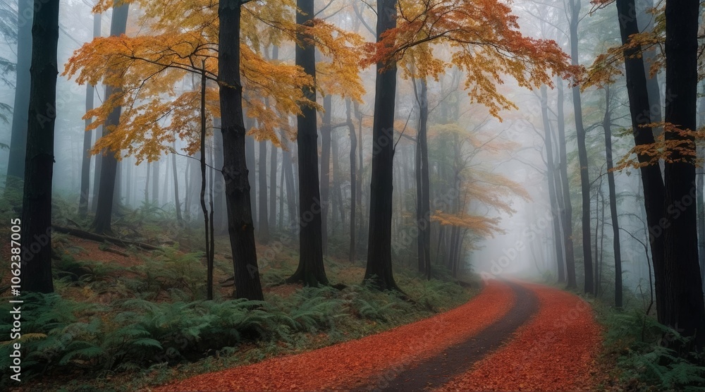 forest path in autumn forest with fog