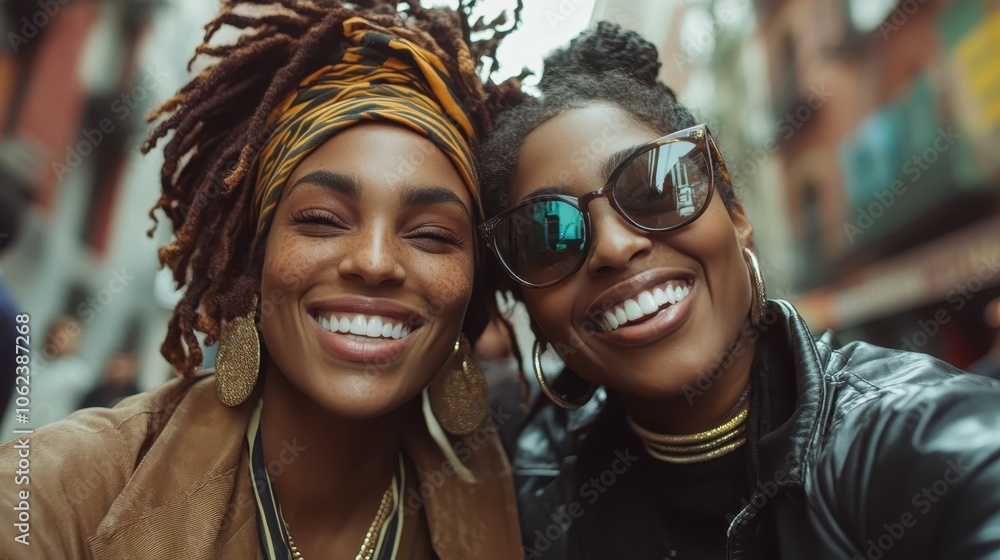 Vibrant street photograph of two beaming individuals, one sporting dreadlocks and a colorful headscarf, embracing joy and friendship, highlighted by their radiant smiles. Vibrant street photograph of two beaming individuals, one sporting dreadlocks and a colorful headscarf, embracing joy and friendship, highlighted by their radiant smiles.