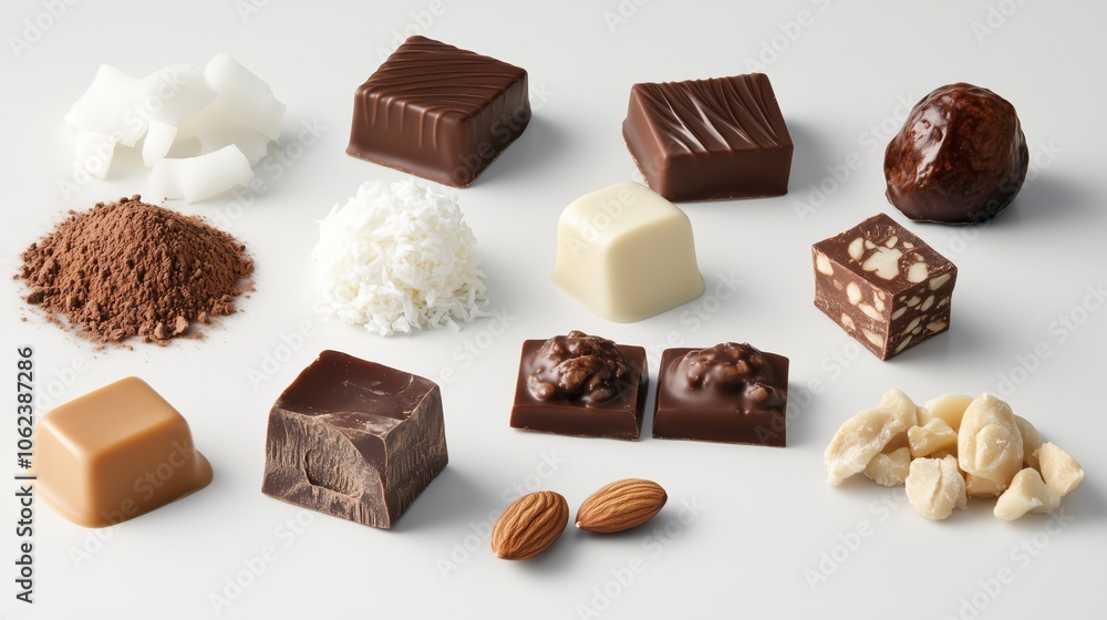 Assorted chocolates and ingredients displayed on a white surface Assorted chocolates and ingredients displayed on a white surface