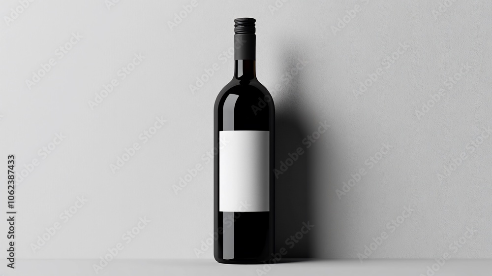 A single, dark glass wine bottle with a blank white label stands on a white surface against a plain white background. A single, dark glass wine bottle with a blank white label stands on a white surface against a plain white background.