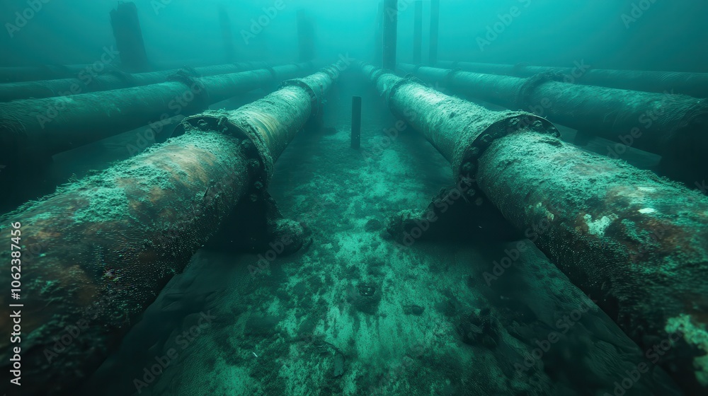custom made wallpaper toronto digitalMassive underwater pipelines, corroded by time, stretch across the ocean floor, invoking human ingenuity alongside nature's relentless reclamation in an eerie silence.