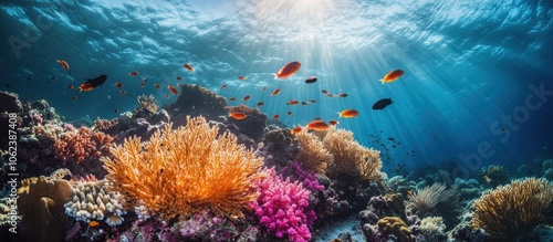 Sunbeams illuminate a vibrant coral reef teeming with life.