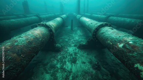 Wallpaper Mural Massive underwater pipelines, corroded by time, stretch across the ocean floor, invoking human ingenuity alongside nature's relentless reclamation in an eerie silence. Torontodigital.ca