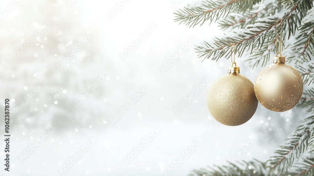 Beautiful New Year's Eve background with Christmas tree branches and golden Christmas tree toys light background snow cones Beautiful New Year's Eve background with Christmas tree branches and golden Christmas tree toys light background snow cones