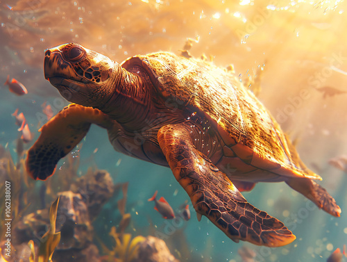 Archelon Turtle swimming in a vast prehistoric ocean, immense flippers gracefully gliding, ancient marine life around, sunlight penetrating the water’s surface, warm colors, cinematic style, Compositi photo