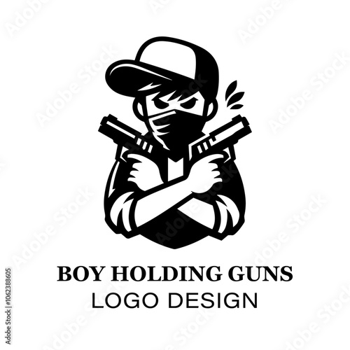  "Boy holding guns illustration logo design, suitable for gaming logos, military-themed e-sports teams, or action game branding seeking bold, unique artwork"
