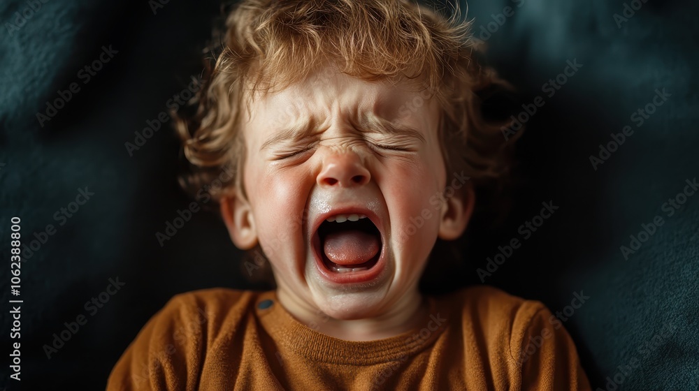 An emotional capture of a young child crying intensely, wearing a brown sweater, expressing distress, on a dark background in a moment of genuine emotion. An emotional capture of a young child crying intensely, wearing a brown sweater, expressing distress, on a dark background in a moment of genuine emotion.