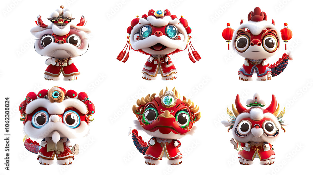 Delightful Collection of Six Cute Chinese Dragons in Cartoon Style Generative AI