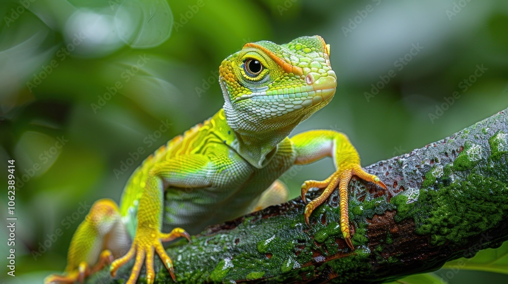 Fototapeta premium Anole lizard perched on a tree branch, blending into its surroundings, World Lizard Day
