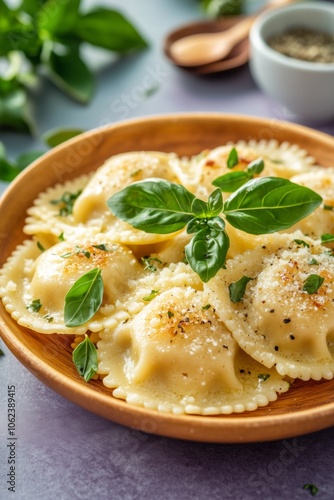 Delicious homemade ravioli with fresh basil and parmesan on a rustic wooden plate