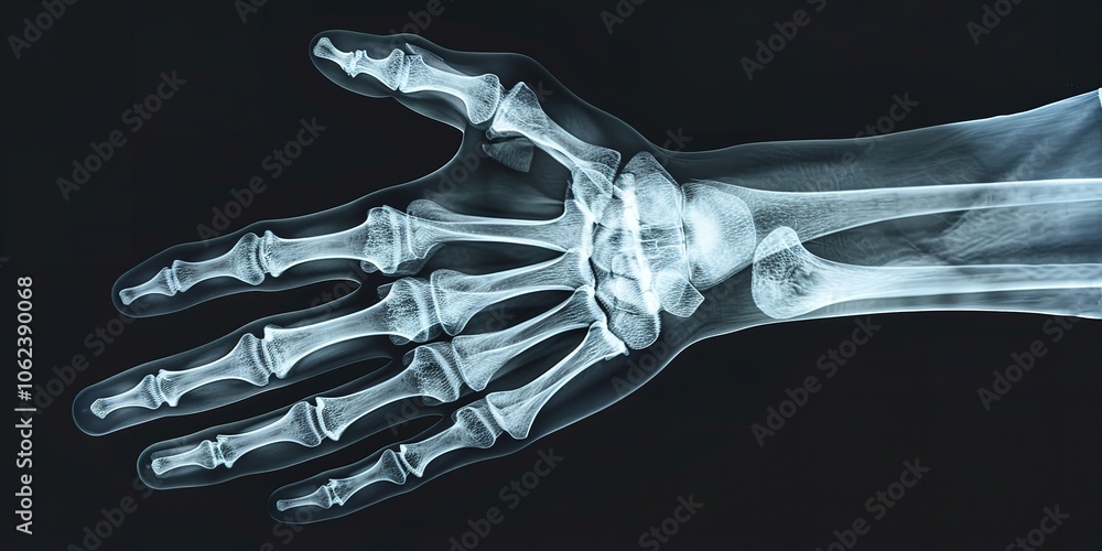 Naklejka premium Hand X-ray taken by a professional wearing gloves. Concept of medical imaging, Generative AI.