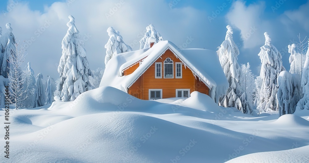 In bitter winter weather, a house is blanketed in a deep pile of snow, Generative AI. In bitter winter weather, a house is blanketed in a deep pile of snow, Generative AI.