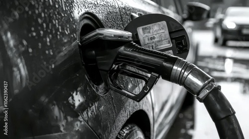 A close-up of a gas pump nozzle filling a car's tank.