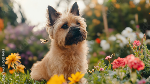 A Cairn Terrier Enjoying a Serene Moment in a Vibrant Flower Garden Abuzz with Bees