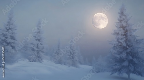 Winter wonderland with snow-covered trees and a full moon