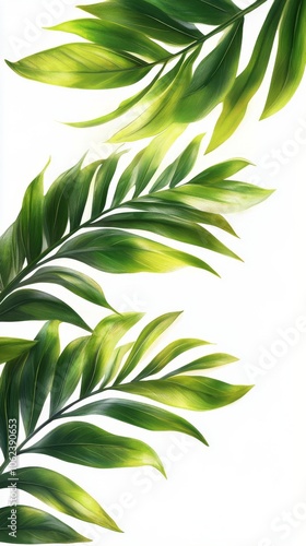 Lush green leaves gracefully cascading against a clean white background in bright daylight