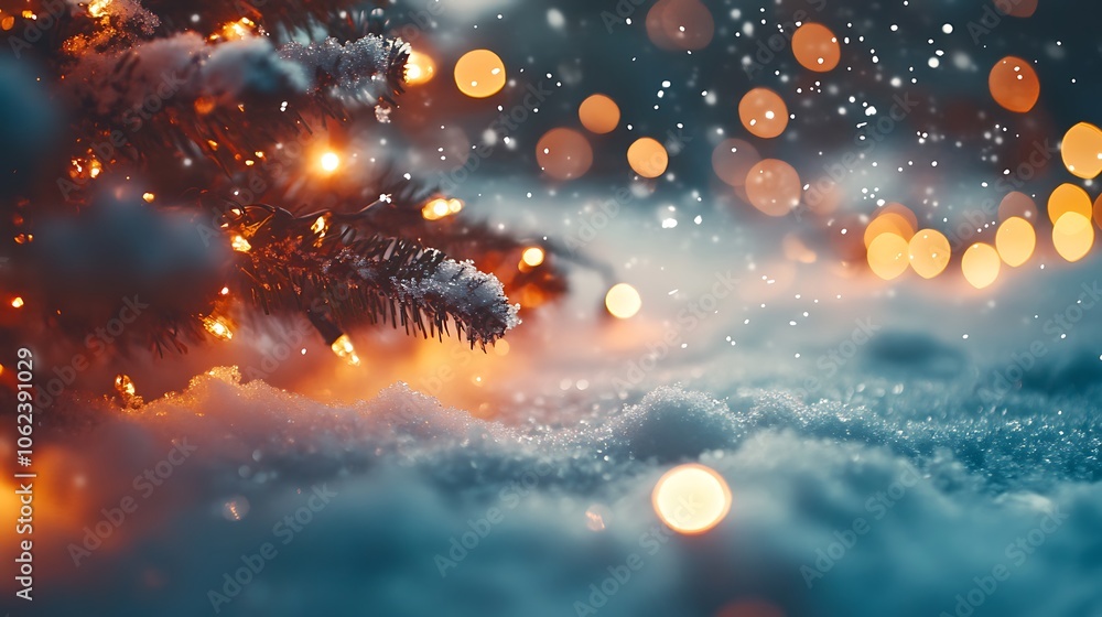 Christmas tree lights on a snowy background Christmas tree lights on a snowy background