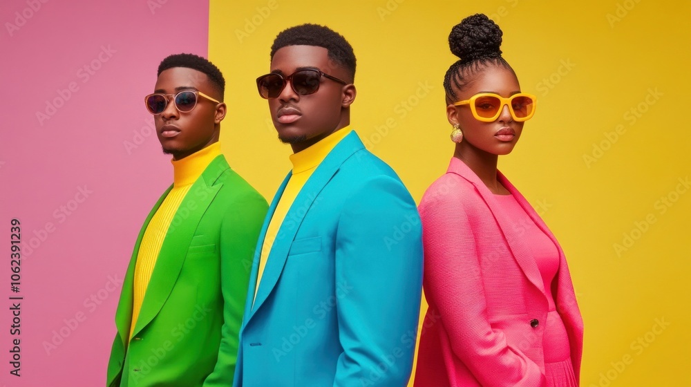 Three fashionable people stand together, each wearing bright and unique suits of green, blue, and pink, complemented by stylish sunglasses, against a bold pink and yellow background Three fashionable people stand together, each wearing bright and unique suits of green, blue, and pink, complemented by stylish sunglasses, against a bold pink and yellow background