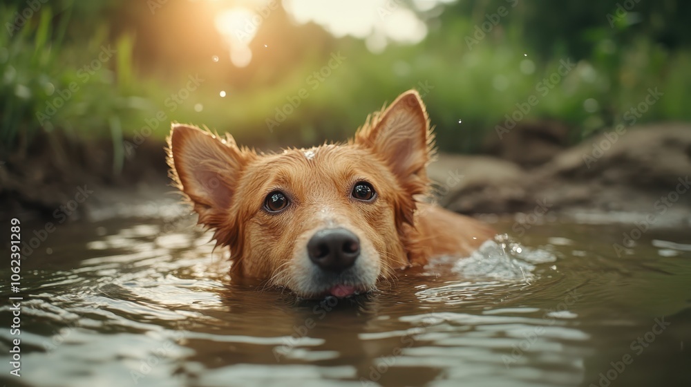 A joyful golden dog swims in refreshing water, its playful demeanor highlighted by the golden sunlight, exuding happiness, freedom, and a love of life. A joyful golden dog swims in refreshing water, its playful demeanor highlighted by the golden sunlight, exuding happiness, freedom, and a love of life.