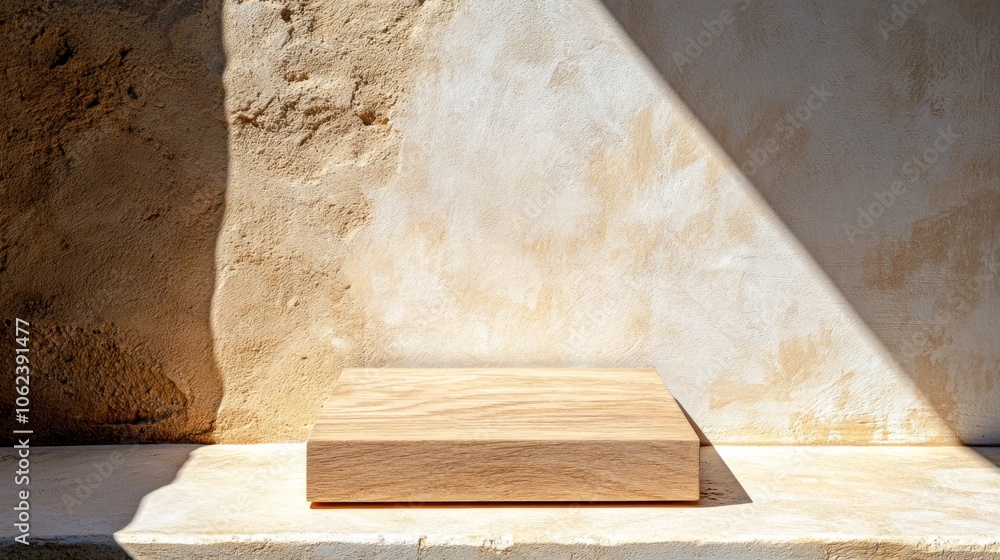 Wooden counter podium with natural finish, bathed in morning sunlight creating vivid shadows against white wall, for beauty cosmetic product Wooden counter podium with natural finish, bathed in morning sunlight creating vivid shadows against white wall, for beauty cosmetic product