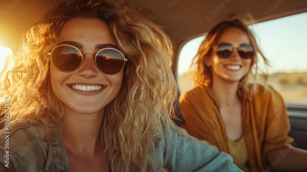 Two friends capture a joyful moment with a selfie inside a moving car on a sunlit day, showcasing friendship, spontaneity, and the beauty of carefree travels. Two friends capture a joyful moment with a selfie inside a moving car on a sunlit day, showcasing friendship, spontaneity, and the beauty of carefree travels.