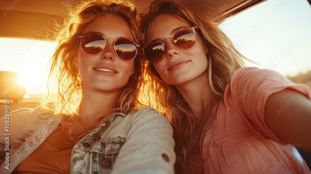 Two cheerful friends in a car, wearing sunglasses, capture the joy of the sunny day, embodying adventure, camaraderie, and freedom in a bright, joyful snapshot. Two cheerful friends in a car, wearing sunglasses, capture the joy of the sunny day, embodying adventure, camaraderie, and freedom in a bright, joyful snapshot.
