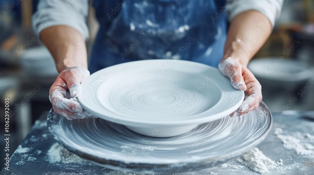 A skilled potter is carefully shaping a smooth white ceramic bowl on a spinning pottery wheel, showcasing craftsmanship in a bright workshop filled with tools A skilled potter is carefully shaping a smooth white ceramic bowl on a spinning pottery wheel, showcasing craftsmanship in a bright workshop filled with tools