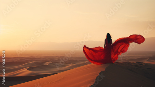 Beautiful exotic Middle Eastern woman standing on a sand dune in the desert with flowing red dress blowing in the wind