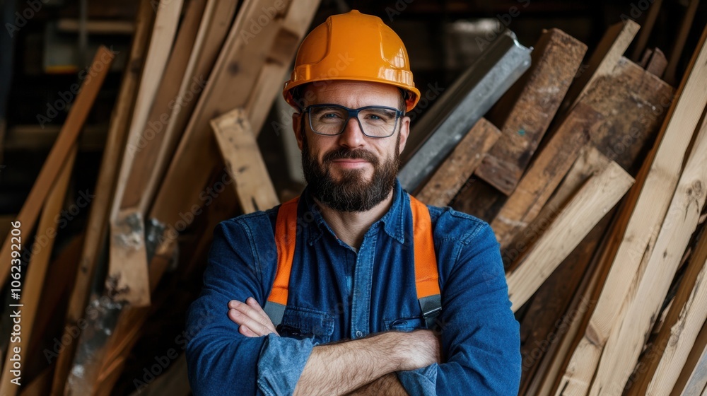 A confident construction worker stands in a lumber yard, showcasing his expertise A confident construction worker stands in a lumber yard, showcasing his expertise
