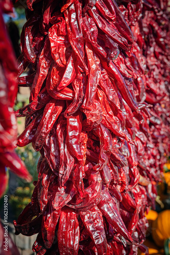 Red chili pepper ristra hanging in a New Mexico outdoor market, USA photo